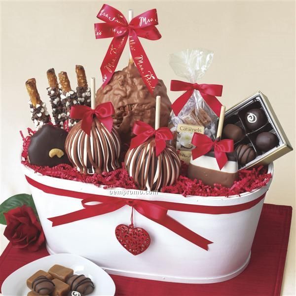 White Grand Heart Basket - 3 Apples/ Caramel/ Candy/ Red Bows (15"X7.5"X6")