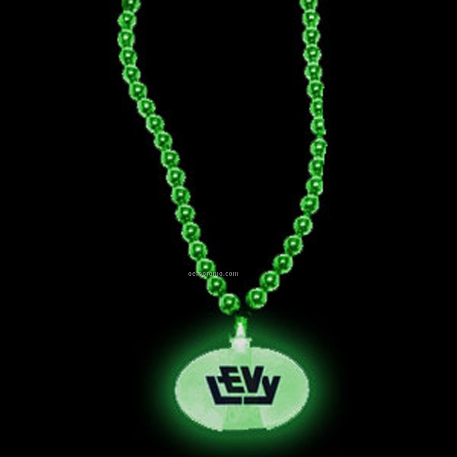 Green Oval Light Up Pendant With Beaded Necklace