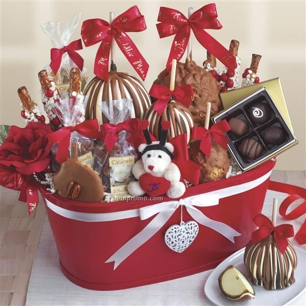 Red Premium Heart Basket - 4 Apples/ Caramel/ Candy/ Truffles (15"X7.5"X6")