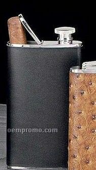 Stainless Steel Flask & Cigar Holder - Black Leather (4 Oz.)