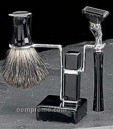 Mach 3 Razor, Badge Brush & Soap Dish On Black Chrome Plated Stand