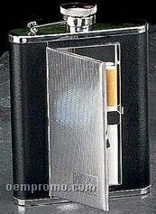 6 Oz. Stainless Steel Flask W/ Cigarette Case/Black Leather Case