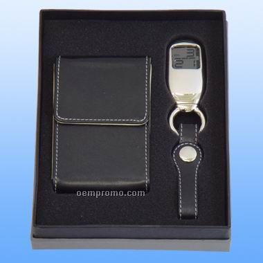 Gift Set W/LED Key Chain And Card Holder - Leather (Screen Printed)