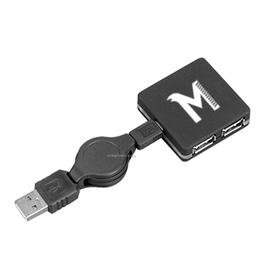 Mini Square 4 Port USB Hub With Blue Glow & Retractable Cord