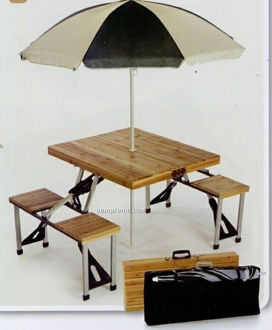 Picnic Plus Wooden 4 Seat Picnic Table W/ Umbrella