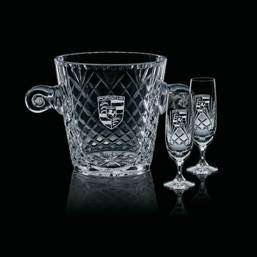 Medallion Crystal Wine Cooler Bucket & 2 Flute Glasses
