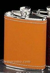 Stainless Steel Chrome / Tan Leather Flask (6 Oz.)