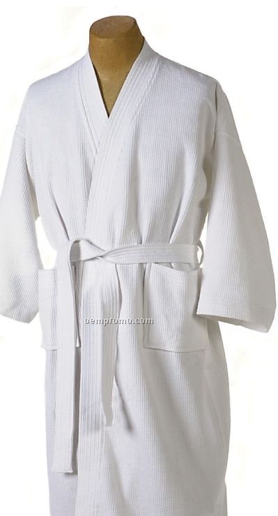 Waffle Weave White Kimono Robe - Embroidered