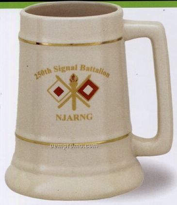 28 Oz. Natural Beige Ceramic Stein With Gold Bands