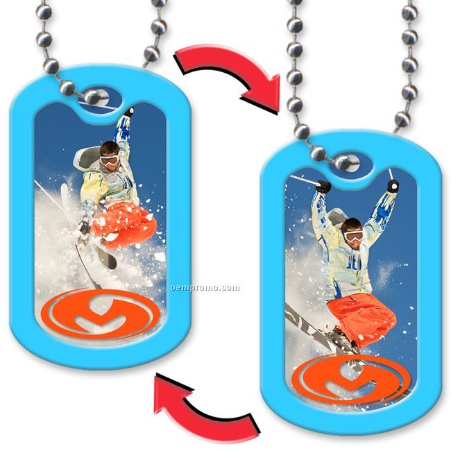 Dog Tag With Oblong Shape, Snow Skiing Stock Lenticular Design, Imprinted