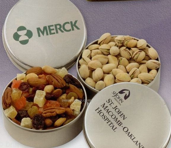 Custom Small Round Gift Tin W/ Deluxe Mixed Nuts (No Peanuts)