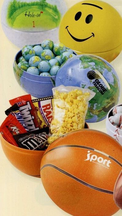 Assorted Gourmet Popcorn In Large Sports, Globe, Or Smiley Face Tin Bank
