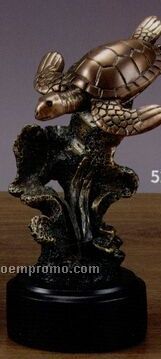 Bronze Finish Sea Turtle Trophy W/ Coral - Round Base (4"X6.5")