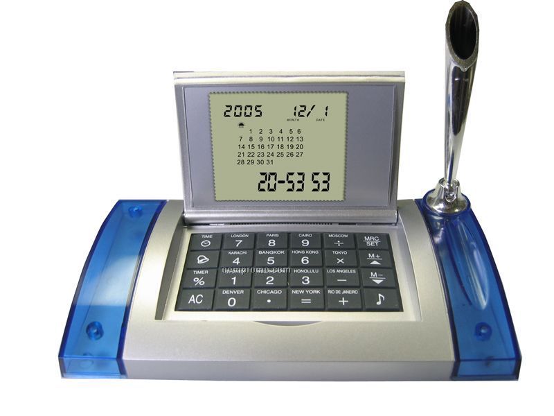 Pop-up Desk Top Calendar / Clock / Calculator With Pen Holder