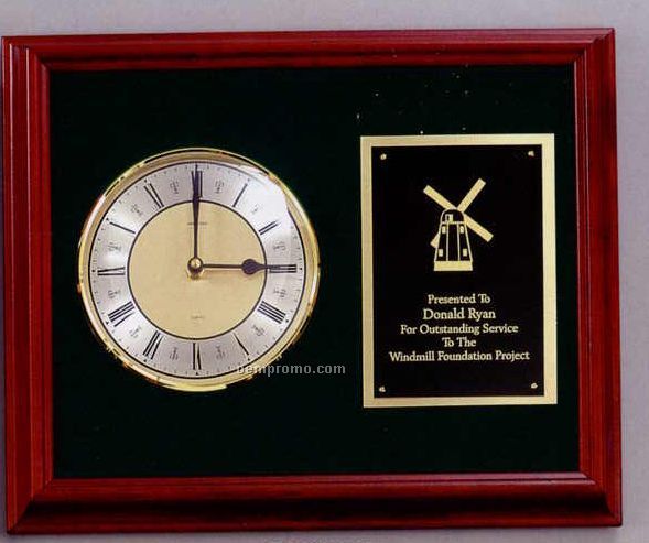 Horizontal Cherry Framed Clock Plaque With Glass Domed Dial