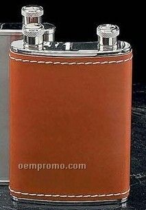 Double Stainless Steel Chrome Flask W/ Brown Leather (7 Oz.)