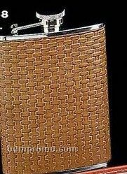 8 Oz. Stainless Steel Flask W/ Weaved Tan Leather Case