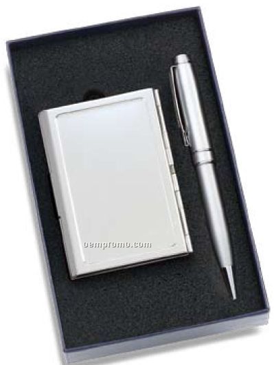 Silver Pen & Business Card Case 2 Piece Gift Set
