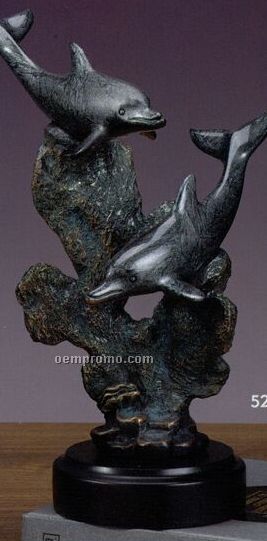 Two Gray Dolphins Trophy W/ Rock Formation - Round Base (8"X10.5")