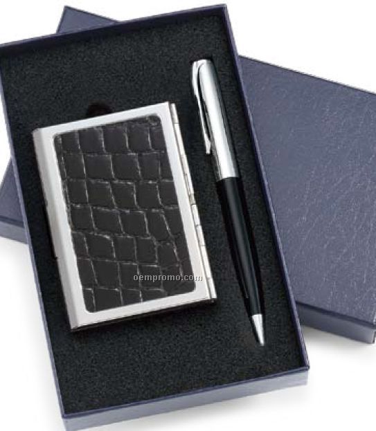 Black/Silver Pen & Business Card Case 2 Piece Gift Set