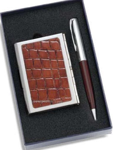 Brown/Silver Pen & Business Card Case 2 Piece Gift Set