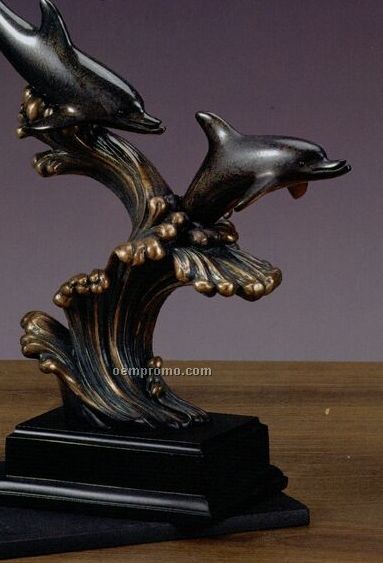 Two Gray Dolphins Trophy W/ Curved Waves - Rectangle Base (12