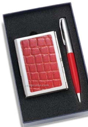 Red/Silver Pen & Business Card Case 2 Piece Gift Set