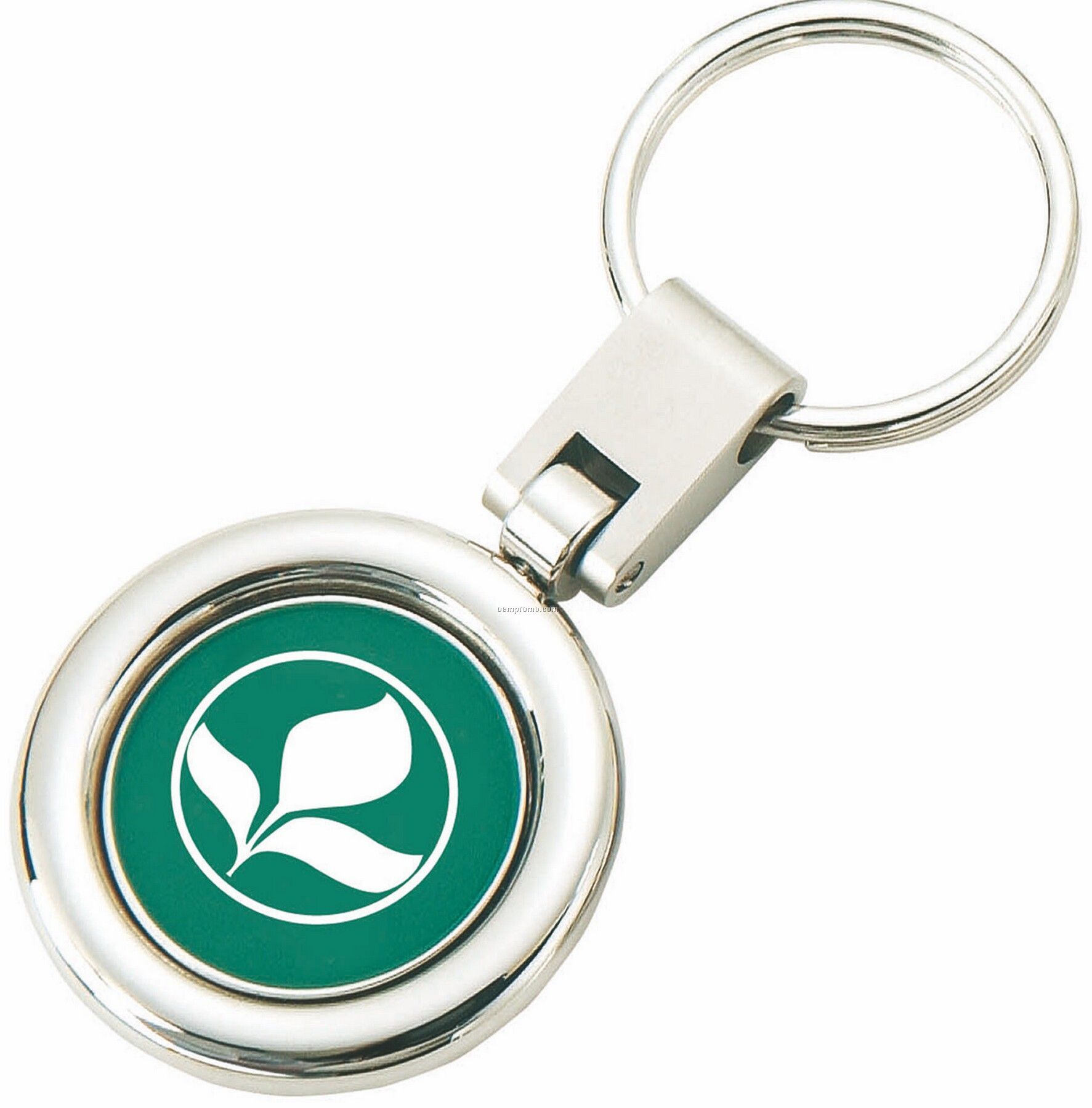 Swivel Round Shiny Nickel Key Ring With Green Enamel Etched Logo