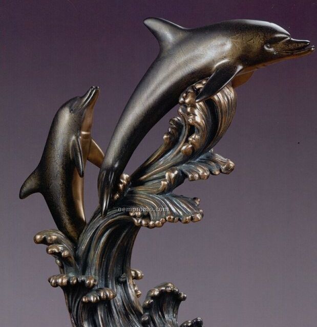 Two Silver Finish Dolphins Trophy W/ Waves - Rectangle Base (22"X23.5")