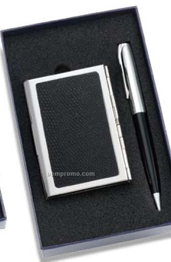 Black/Silver Pen & Business Card Case 2 Piece Gift Set W/ Lizard Skin