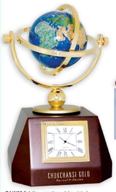 Rotating Gemstone World Globe & Clock