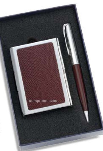 Brown/Silver Pen & Business Card Case 2 Piece Gift Set W/ Lizard Skin