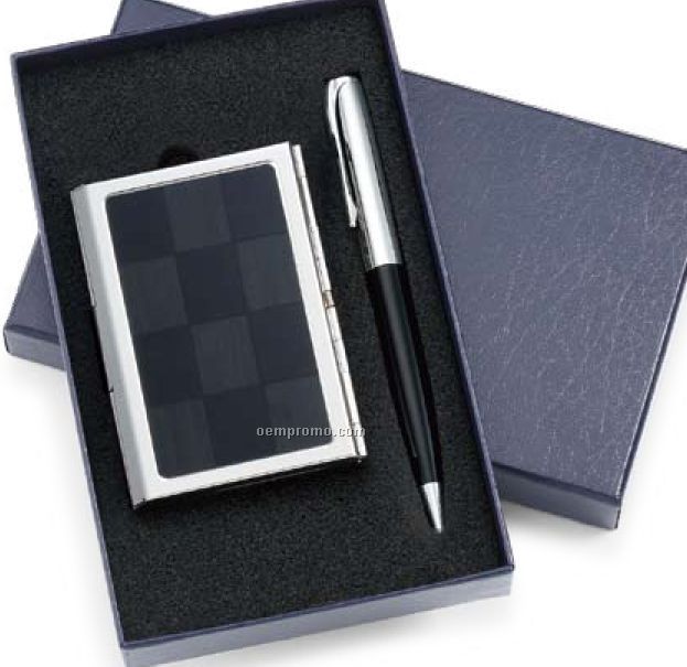 Black/Silver Checkered Pattern Pen & Business Card Case 2 Piece Gift Set