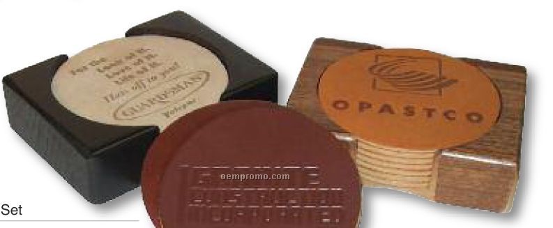 8 Pieces Leather Coaster Set W/ Natural Walnut Or Black Finish Bases