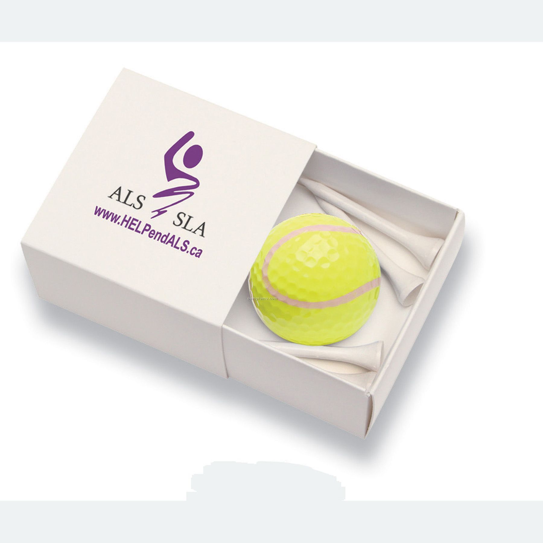 Box W/Tennis Golf Ball And Four 2 1/8" Tees