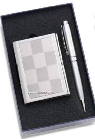 Silver Checkered Pattern Pen & Business Card Case 2 Piece Gift Set