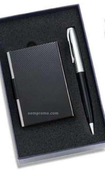 Black Pen & Business Card Case 2 Piece Gift Set