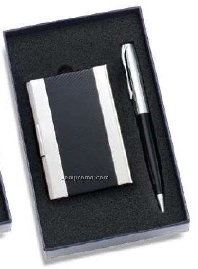 Black/Silver Pen & Business Card Case 2 Piece Gift Set
