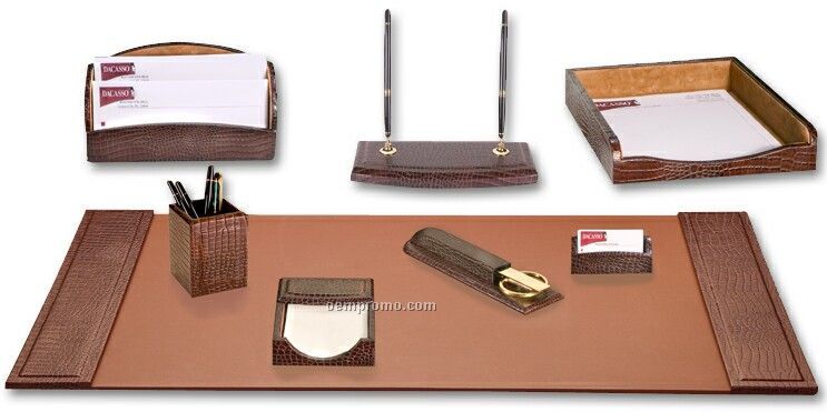 Brown 8-piece Crocodile Embossed Leather Desk Set