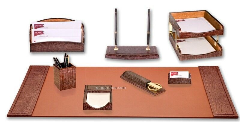 Brown 10-piece Crocodile Embossed Leather Desk Set