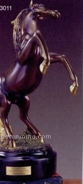 Brown Rearing Horse W/ Gold Tail & Hooves Trophy On Round Base (8"X10.5")