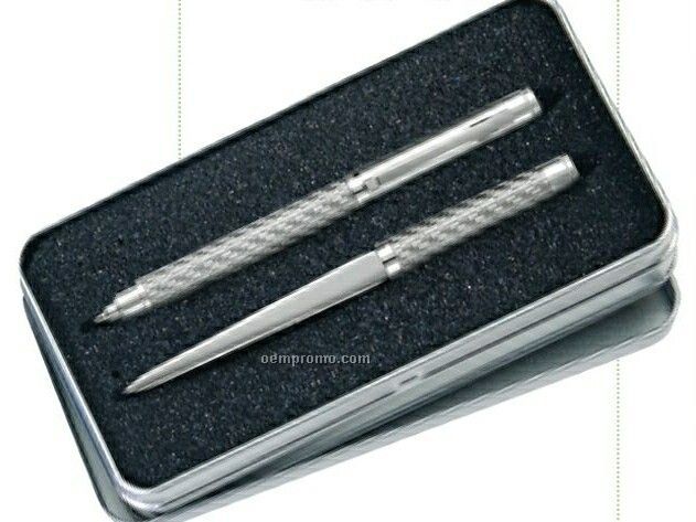 Twist Action Ballpoint Pen W/ Matched Letter Opener (Silver)