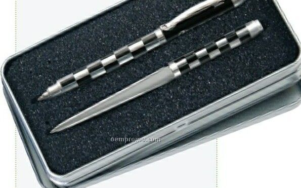 Geometric Designed Twist Action Ballpoint Pen W/ Matched Letter Opener