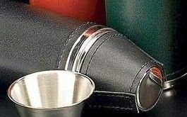 Stainless Steel Chrome & Black Leather Flask W/ Cup (8 Oz.)