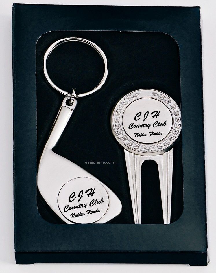 Deluxe Silvertone Divot Tool & Golf Key Tag With 7/8" Ball Marker Gift Set