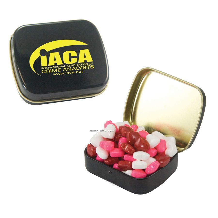 Small Black Mint Tin Filled With Candy Hearts