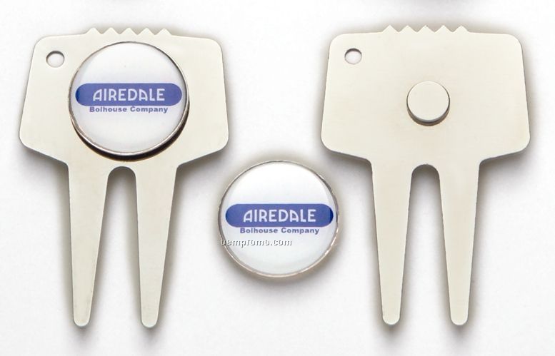 Silvertone Divot Tool With 3/4", 7/8" Or 1" Ball Marker And Magnet