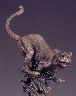 Crouched Cougar On Rock Trophy W/ Rectangle Base (11"X15")