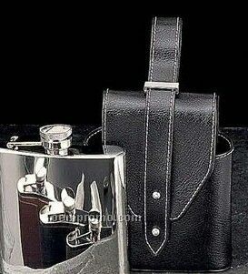 Stainless Steel Chrome Flask W/ Black Leather Carrying Case (5 Oz.)