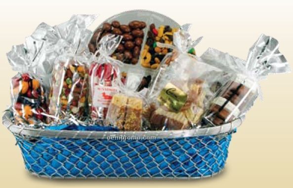Silver Chain Link Bread Basket W/ Chocolate Dipped Snacks (5 Lb.)